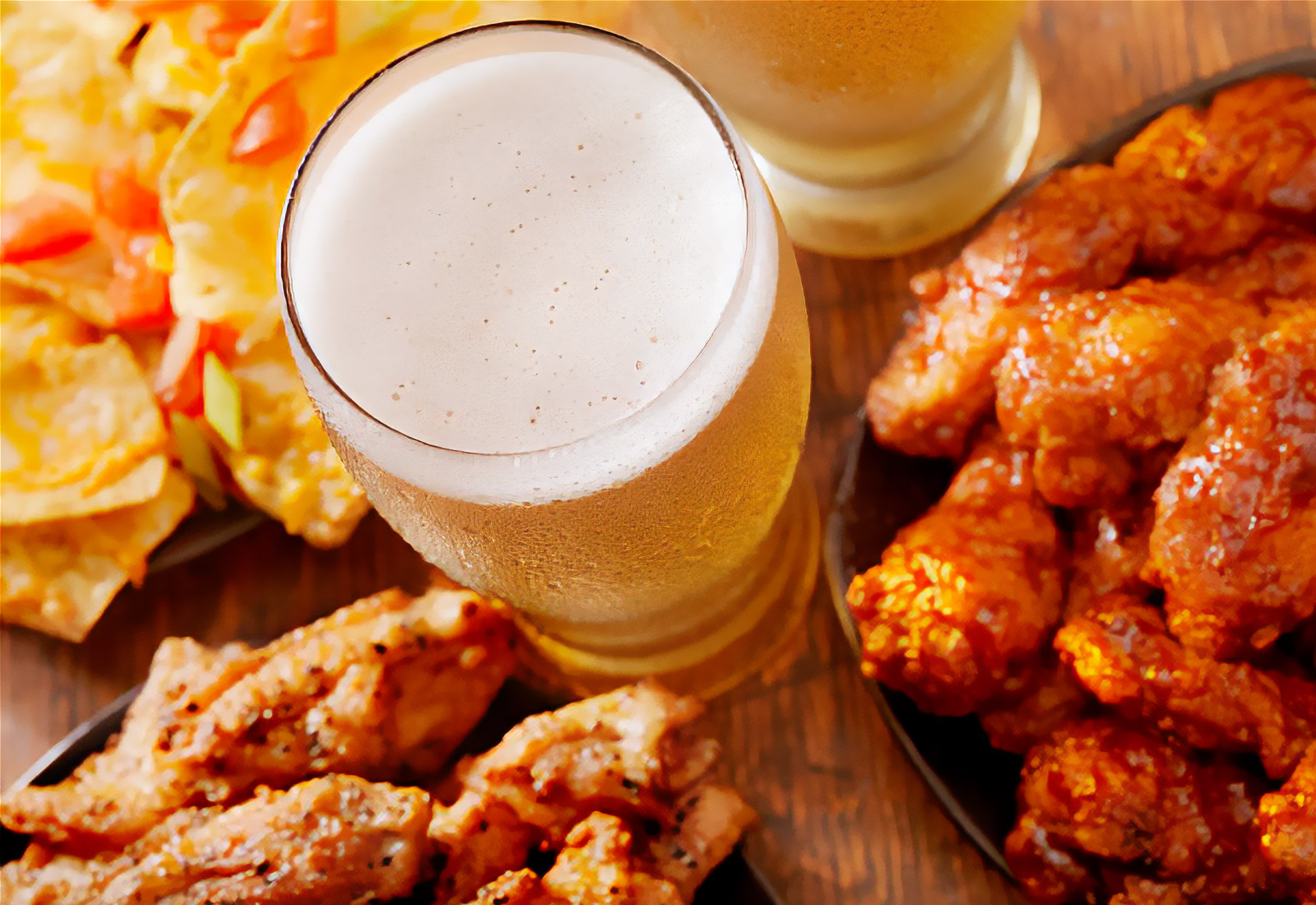 Photo of a glass of beer and wings