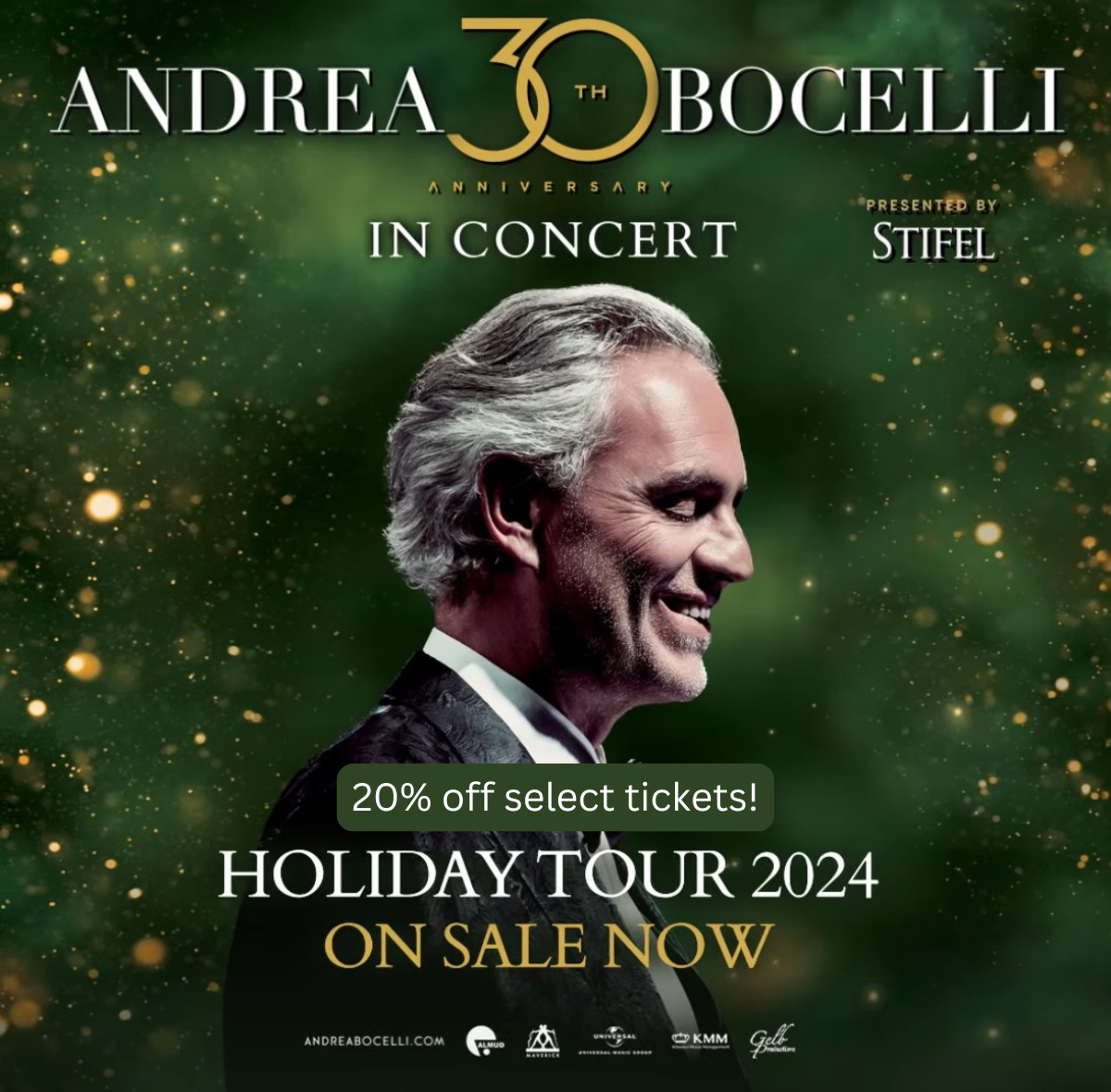 Andrea Bocelli in Concert - Holiday Tour 2024 - 20% off select tickets